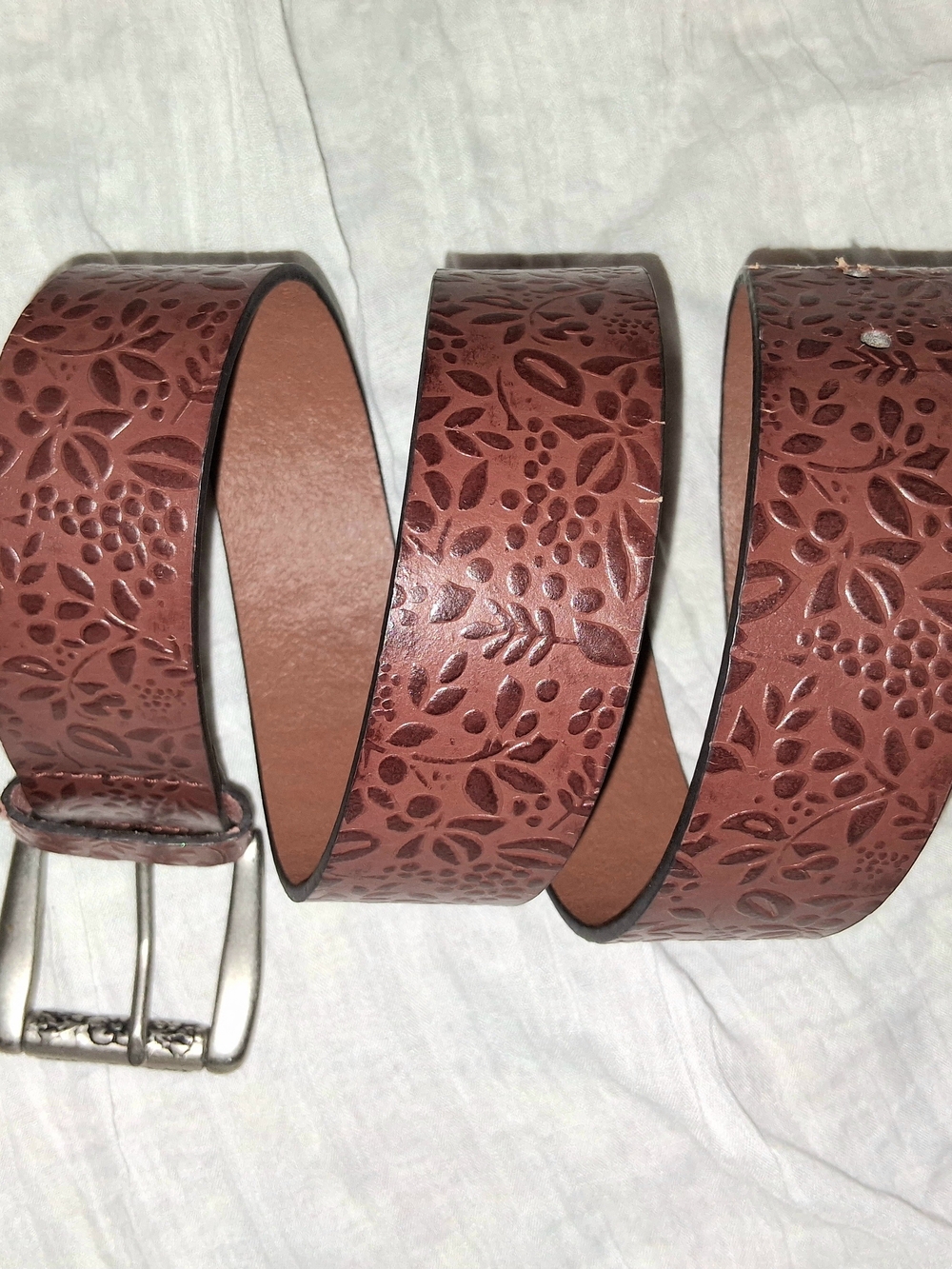 Brown Embossed Floral Belt with Silver Buckle